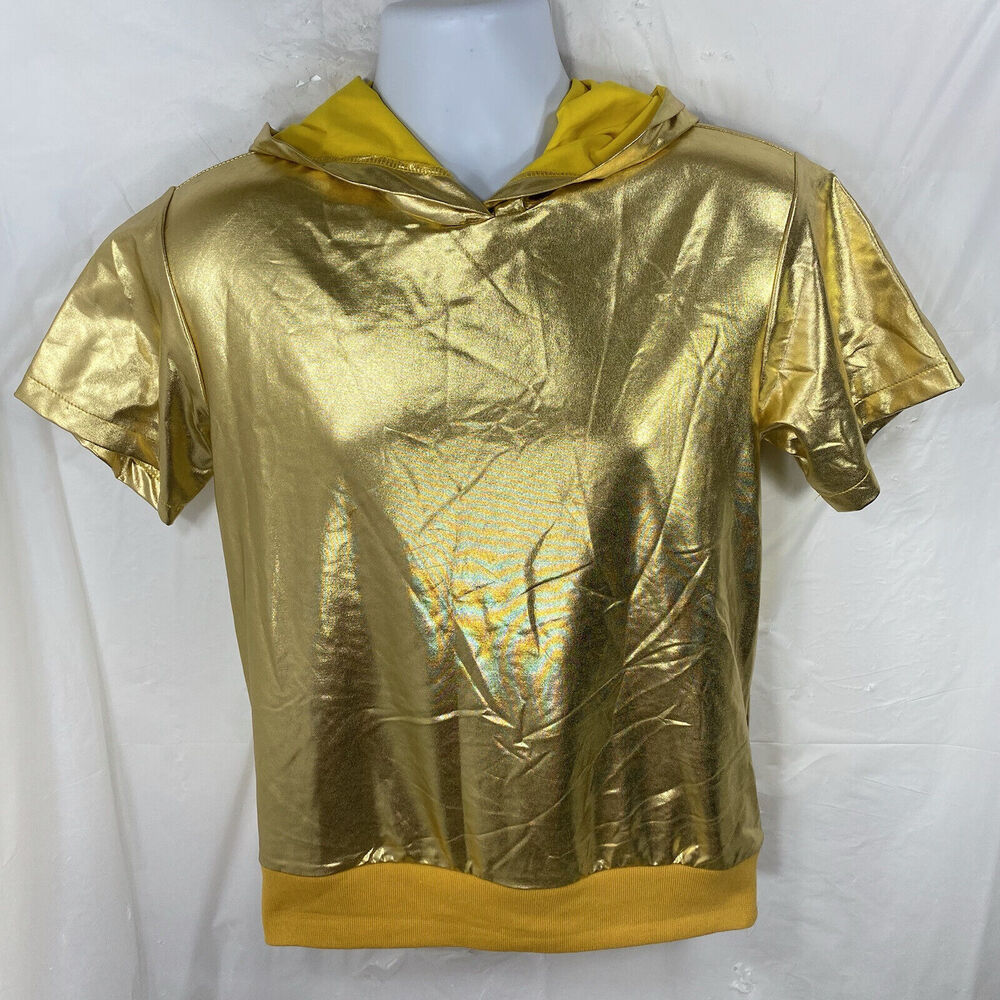 JOGAL Womens Small Short Sleeve Hooded Shirt Shiny Golden Reflective Hoodie NWT